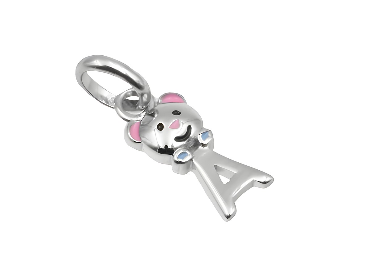 Teddy Anhänger Buchstabe A aus 925 Sterling Silber, poliert und rhodiniert, mit bunten Details, hergestellt von Juwelier Harnisch, ideal für Kinder.