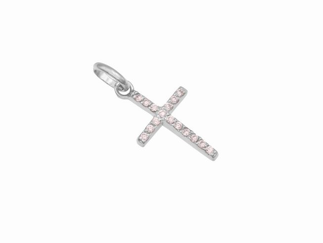 Ein bezaubernder Kreuzanhänger aus rhodiniertem Sterling Silber mit pinken Zirkonia-Steinen, ideal als Schmuckstück für vielfältige Anlässe, Hersteller Juwelier Harnisch.