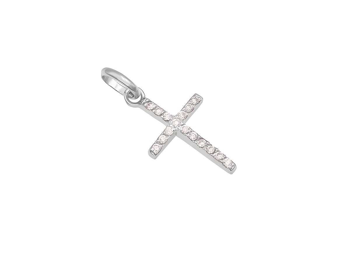 Ein bezaubernder Kreuzanhänger aus rhodiniertem Sterling Silber mit pinken Zirkonia-Steinen, ideal als Schmuckstück für vielfältige Anlässe, Hersteller Juwelier Harnisch.