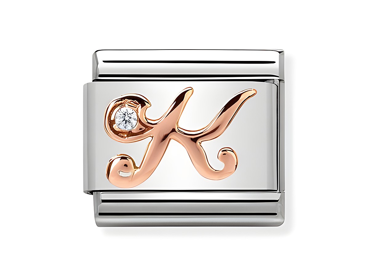 Kompositionsdauer 430310 11 Buchstabe Composable Classic K in Silber mit einem geschwungenen K in Roségold und einem kleinen Zirkonia-Element, ideal für personalisierte Schmuckstücke.