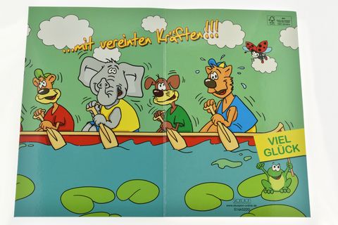 Comic Geburtstagskarte mit einem Hund und einem Bären im Boot, umgeben von weiteren Tieren. Bunte Gestaltung mit fröhlichem Motiv, ideal für Geburtstagswünsche.