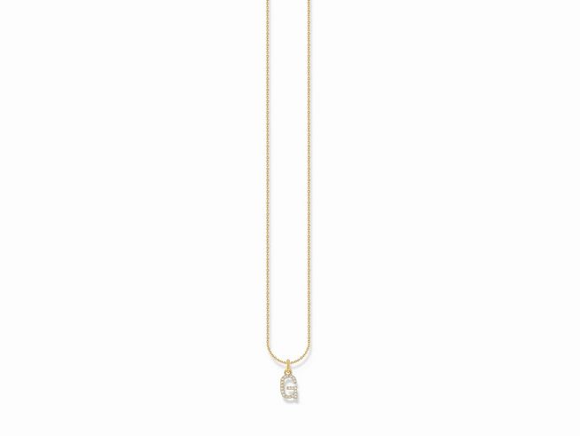 Kette von Thomas Sabo mit dem Buchstaben G aus Silber mit Vergoldung und Zirkonia in Weiß, Länge 38 bis 45 cm, elegant und modern.