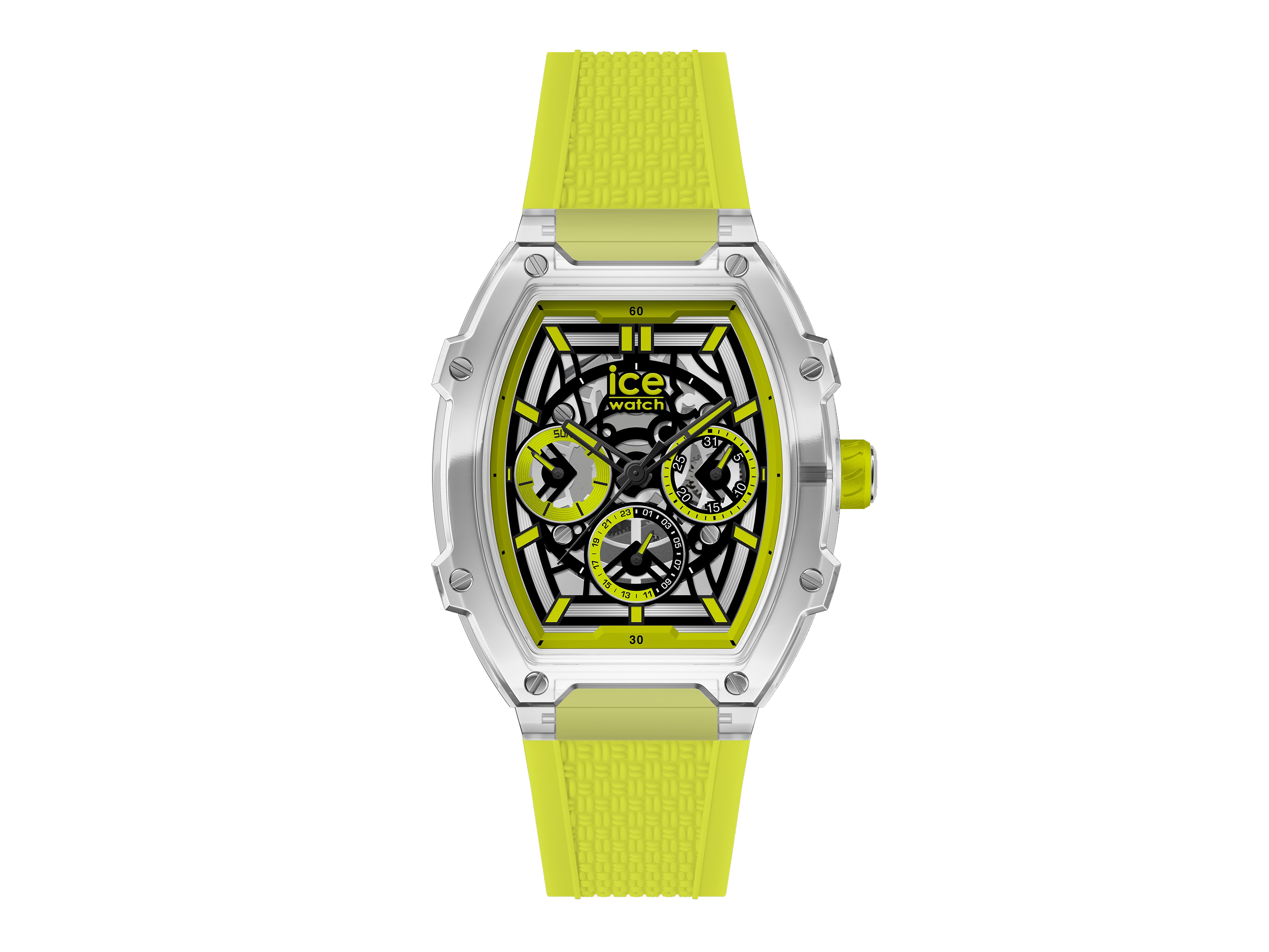 Die Ice Watch 024286 ICE boliday clear in Lime Gelb zeigt ein modernes Design mit transparentem Gehäuse und einem auffälligen gelben Silikonarmband, ideal für trendbewusste Träger.