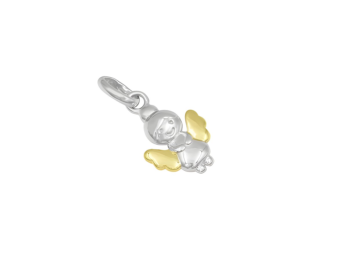 Charms Engel mit Goldflügeln aus Sterling Silber rhodiniert und Roségold vergoldet, Hersteller Juwelier Harnisch, ideal für personalisierte Schmuckstücke.