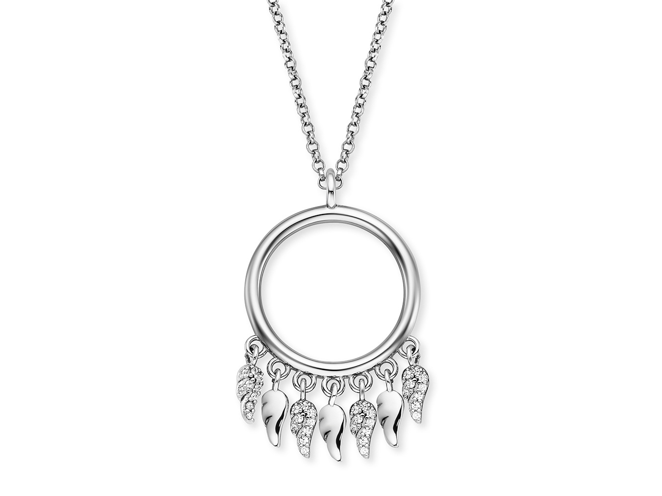 Elegante Engelsrufer FLYWING Kette aus rhodiniertem Silber mit einem runden Anhänger und funkelnden Zirkonia, verziert mit filigranen Flügeln, Gesamtlänge 42 cm.