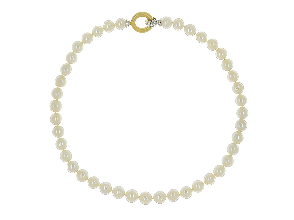 Perlenkette aus China-Zuchtperlen in Weiß von 9,5 bis 10,5 mm, klassische Form mit einem Bicolor 585 Verschluss, Länge 45 cm, elegant und zeitlos, Hersteller Juwelier Harnisch. – Ansicht 2