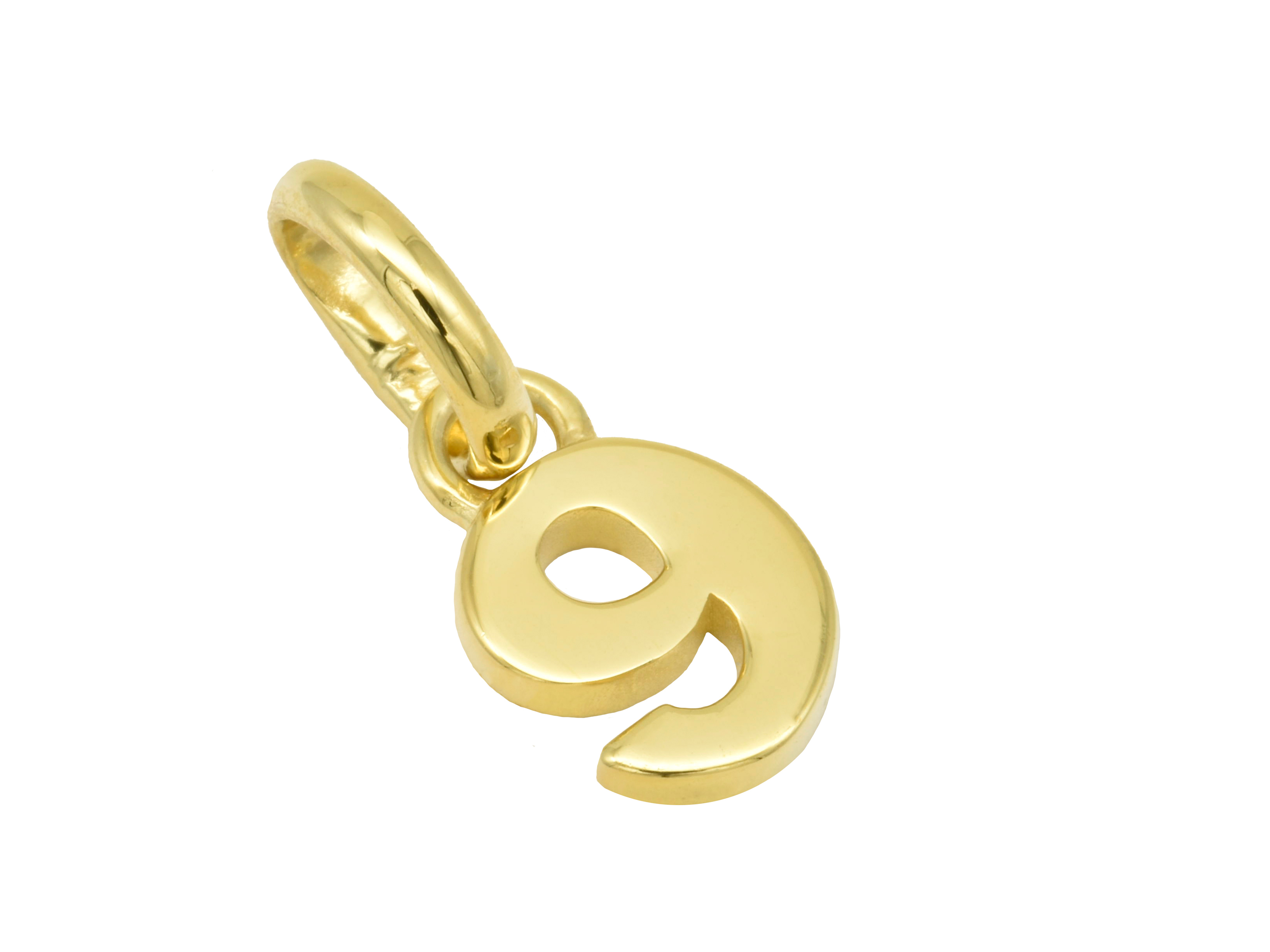 Gold Anhänger Zahl 9 aus 750 Gelbgold, poliert, symbolisiert Glückszahlen, hergestellt von Juwelier Harnisch, ideal als charmante Dekoration oder Geschenk.