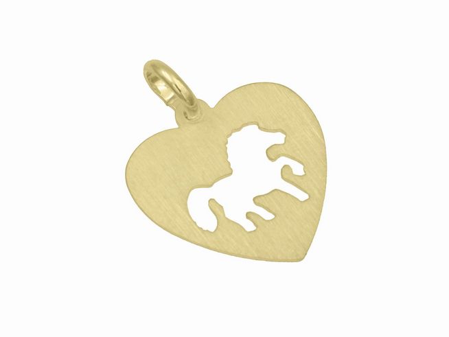 Ein Herzanhänger aus vergoldetem Sterling Silber mit matierter Oberfläche, das ein Pferd zeigt, hergestellt von Juwelier Harnisch, für Tierliebhaber geeignet.