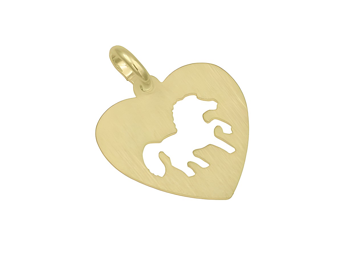 Ein Herzanhänger aus vergoldetem Sterling Silber mit matierter Oberfläche, das ein Pferd zeigt, hergestellt von Juwelier Harnisch, für Tierliebhaber geeignet.