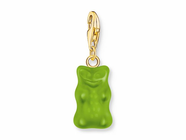 Charm-Anhänger von Thomas Sabo in Form eines grünen HARIBO Gummibärchens, aus hochwertigem Silber mit Gelbgold vergoldet, ideal für Liebhaber von Süßigkeiten und Schmuck.