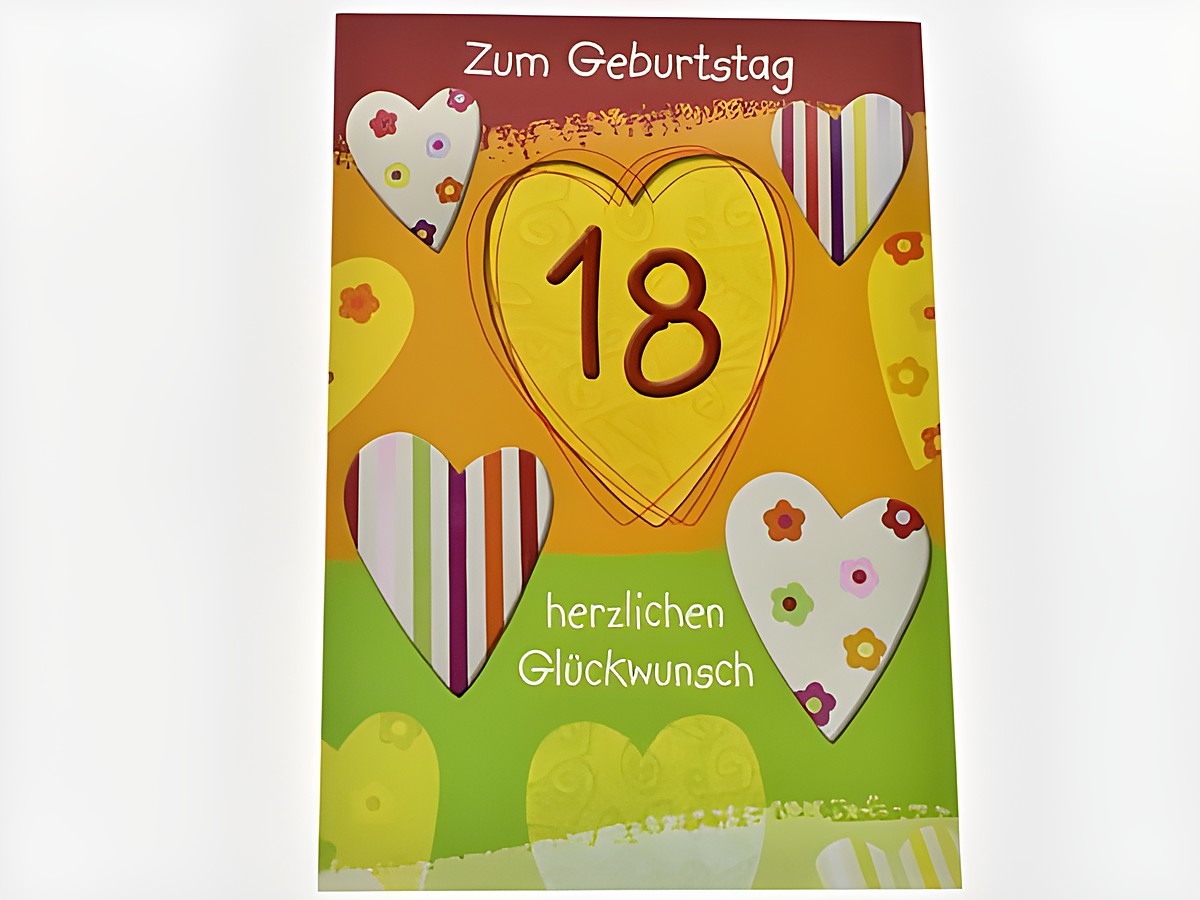 Geburtstagskarte von Juwelier Harnisch mit bunten, herzförmigen Motiven und der Aufschrift Zum Geburtstag 18 herzlichen Glückwunsch auf farbigem Hintergrund.