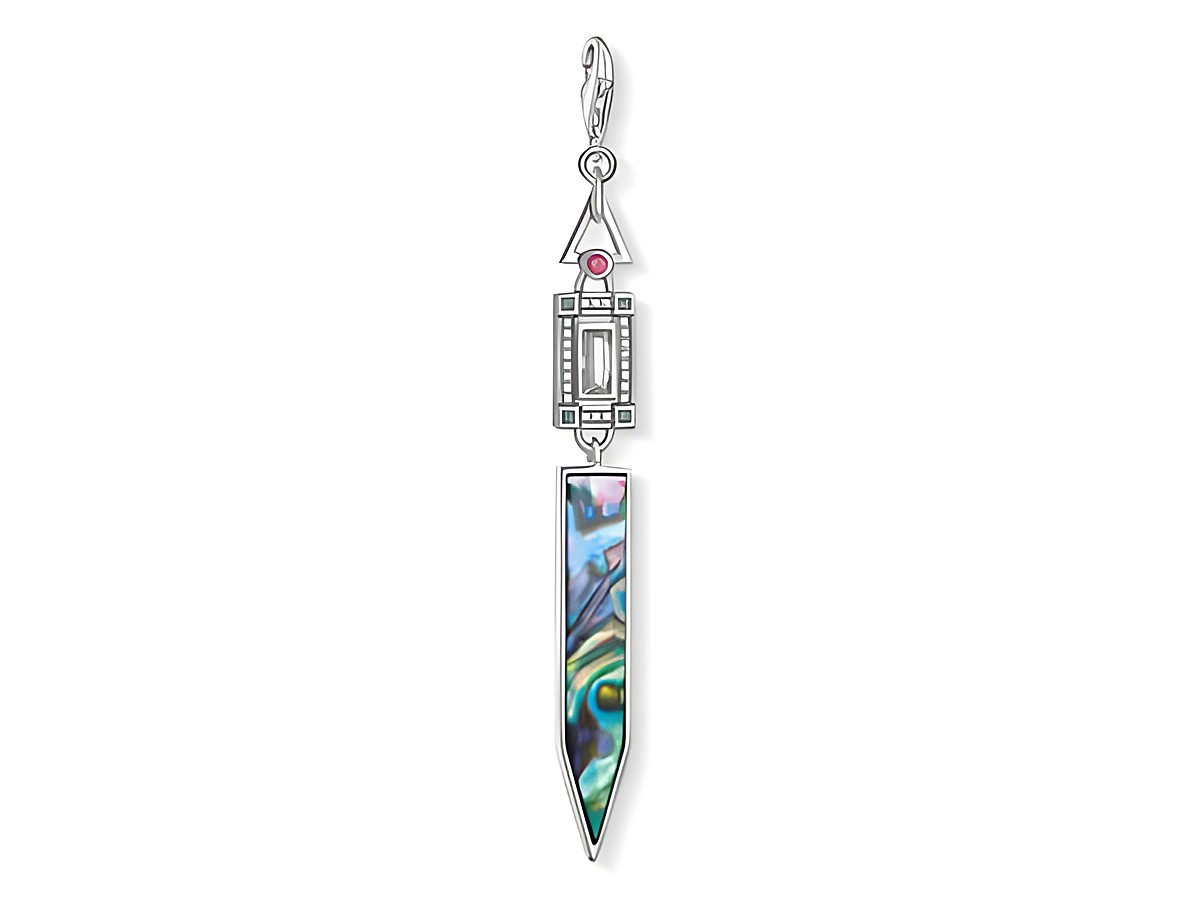 Charm-Anhänger im Art-déco-Stil von Thomas Sabo, geprägt von vintage Ethno-Elementen, zeigt einen eleganten Anhänger mit buntem, facettiertem Schmuckstein und glänzendem Silber.