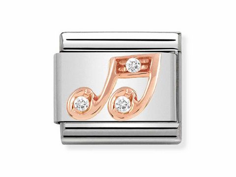 Edelstahl Charm mit Musiknote in Roségold und drei Zirkonia, stilvolles Design, perfekt für Kompositionen und als modisches Statement. Ideal für Schmuckliebhaber.