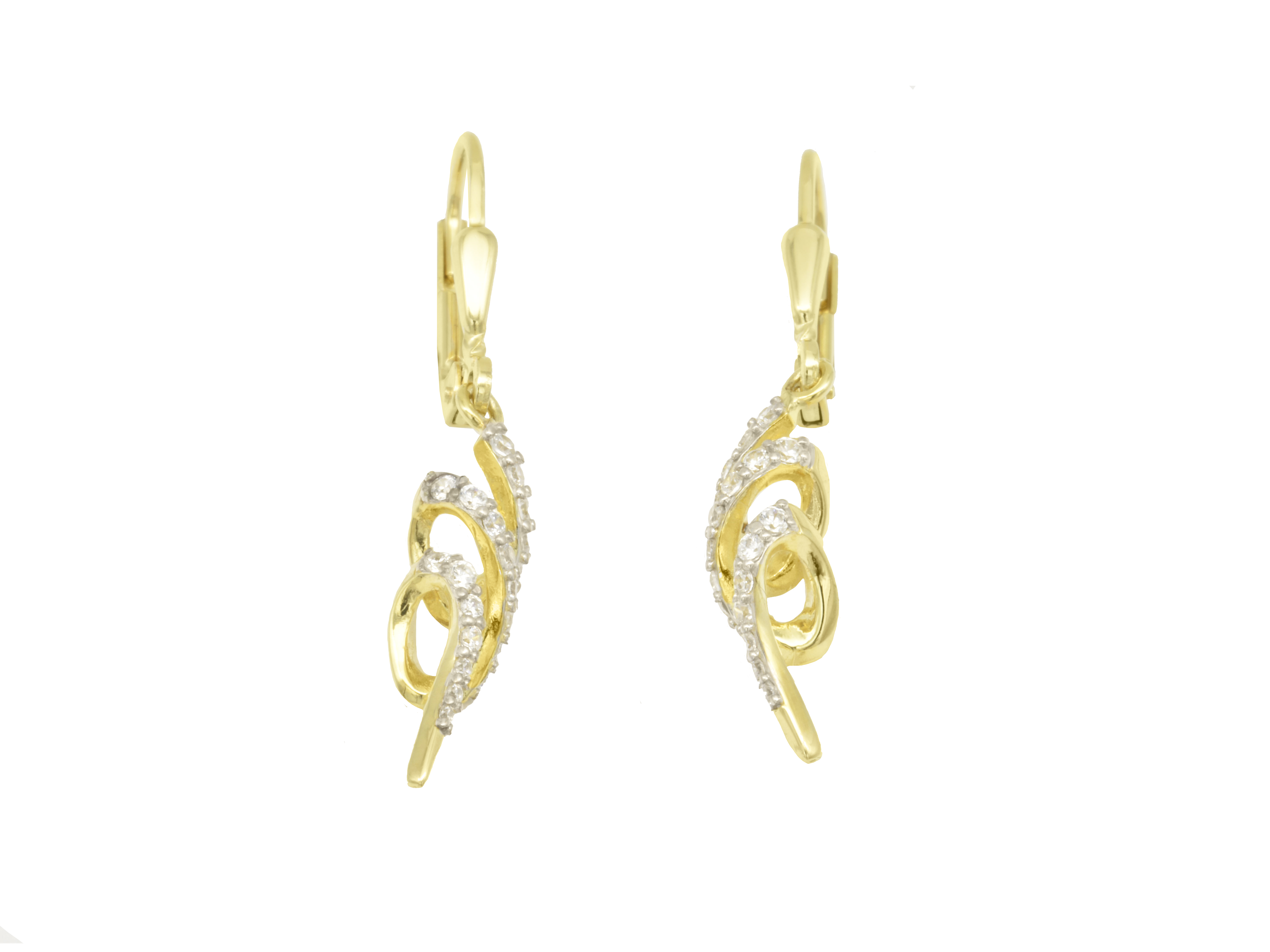 Ohrhänger verschlungen grazil aus Sterling Silber 925 vergoldet in Gelbgold poliert mit Zirkonia, hergestellt von Juwelier Harnisch, elegant mit funkelnden Steinen.