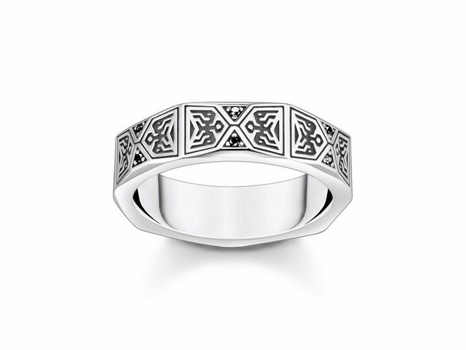 Silberner Ring von Thomas Sabo mit geschwungenem Design, verziert mit schwarzem Zirkonia und geometrischen Mustern, Größe 56.