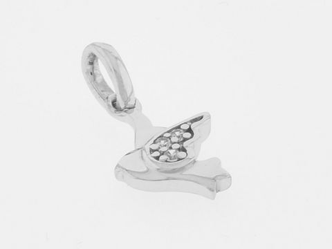 Silber Anhänger in Form eines Spatz Vogel, rhodiniert und mit klaren Zirkonia besetzt, niedlich gestaltet, Hersteller: Juwelier Harnisch, geeignet für Tierliebhaber.