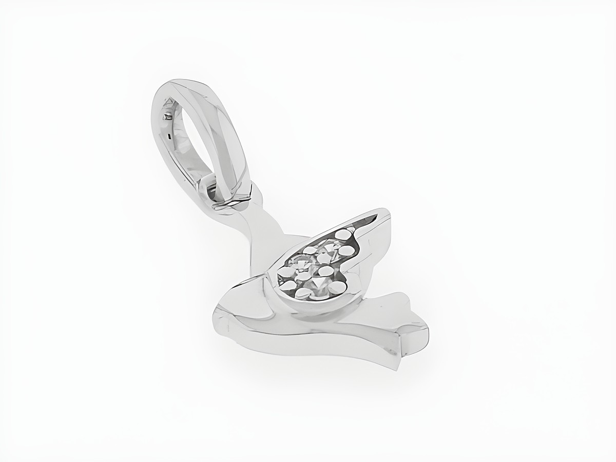 Silber Anhänger in Form eines Spatz Vogel, rhodiniert und mit klaren Zirkonia besetzt, niedlich gestaltet, Hersteller: Juwelier Harnisch, geeignet für Tierliebhaber.