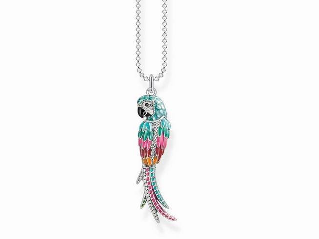 Kette von Thomas Sabo mit einem farbenfrohen Papagei-Anhänger, gefertigt aus hochwertigem Material, in den Maßen 38-42 cm, ideal für tierliebende Schmuckliebhaber.