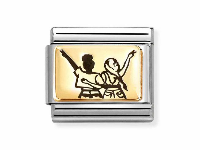 Freundinnen Motiv auf einem goldenen Emaille Anhänger von Nomination Classic Gold 030166 41, zeigt zwei Figuren, die zusammen lachen und nach oben zeigen, umgeben von einem silbernen Rahmen.