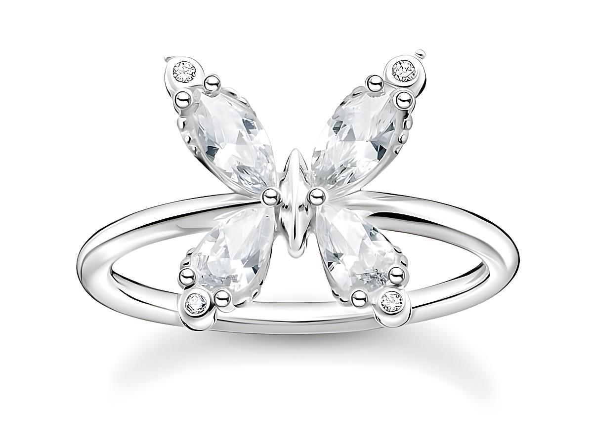 Thomas Sabo Charming Schmetterling Ring aus Sterling Silber mit weißen Zirkonia in Größe 50, filigranes Design mit Butterfly-Motiv und funkelnden Akzenten.