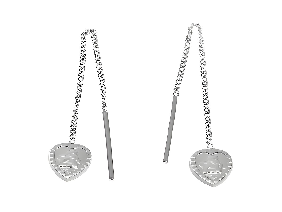 Ohrringe zum Durchziehen Schutzengel aus rhodiniertem Sterling Silber, ohne Stein, mit Herzanhängern und feinen Ketten, elegant und modern, hergestellt von Juwelier Harnisch.