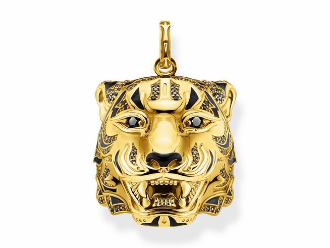 Thomas Sabo Tiger Anhänger PE888-565-39 aus Sterling Silber, vergoldet in Gelbgold mit Kaltemail und Zirkonia, zeigt das kunstvoll gestaltete Kopf eines Tigers in goldener Farbe.