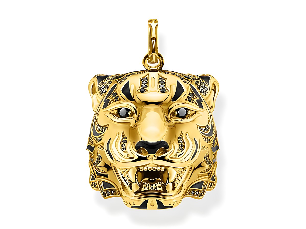 Thomas Sabo Tiger Anhänger PE888-565-39 aus Sterling Silber, vergoldet in Gelbgold mit Kaltemail und Zirkonia, zeigt das kunstvoll gestaltete Kopf eines Tigers in goldener Farbe.