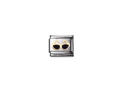 Emaillierte Charmschließe in Schwarz mit goldenen Sonnenbrillenmotiv, Modell SCHWARZ 030208 18, von der Marke Nomination, ideal für personalisierte Armbänder.