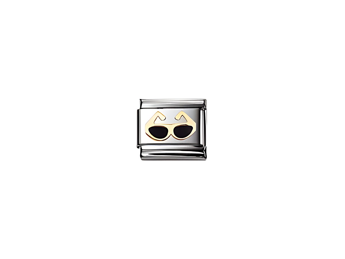 Emaillierte Charmschließe in Schwarz mit goldenen Sonnenbrillenmotiv, Modell SCHWARZ 030208 18, von der Marke Nomination, ideal für personalisierte Armbänder.