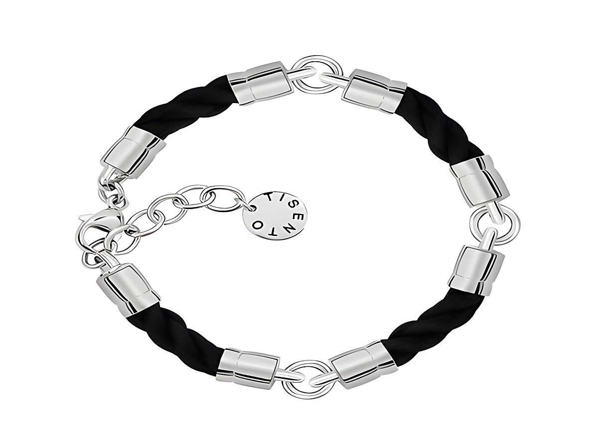Schwarzes Kordelarmband von Ti Sento mit silbernen Elementen und einem Anhänger, Länge verstellbar von 18 bis 21 cm, elegantes Design für jeden Anlass.