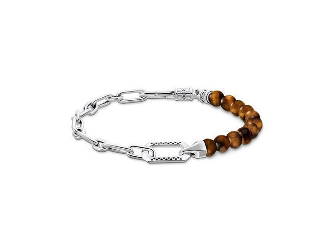 Armband aus geschwärztem Silber und braunen Tigeraugen-Perlen von Thomas Sabo, Modell Rebel at Heart, in einer variablen Länge von 16 bis 19 cm.