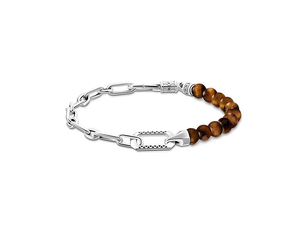 Armband aus geschwärztem Silber und braunen Tigeraugen-Perlen von Thomas Sabo, Modell Rebel at Heart, in einer variablen Länge von 16 bis 19 cm.