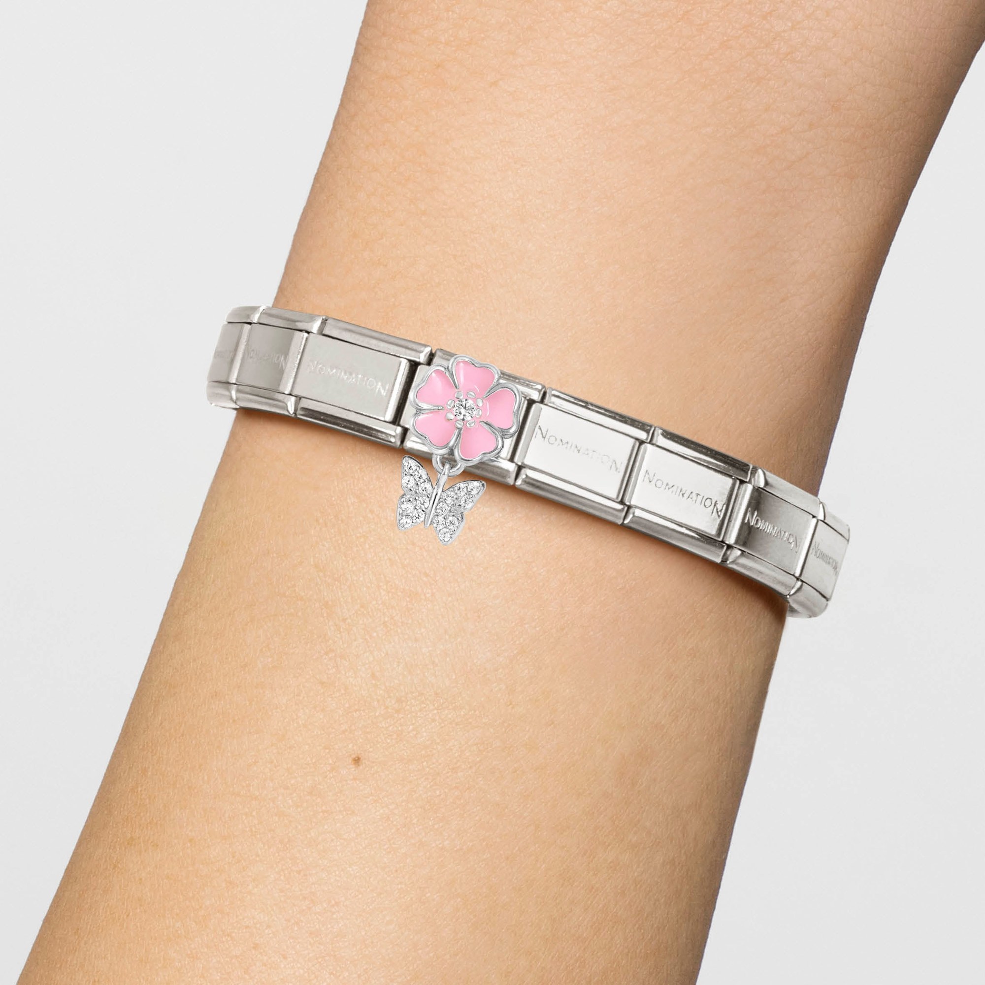 Nomination Composable Classic Charm Blume rosa Schmetterling - Edelstahl, Sterling Silber, Emaille – Ansicht 2