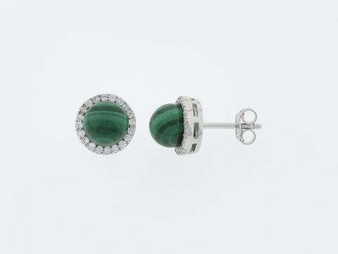 Runde silberne Ohrringe aus edlem Malachit und Zirkonia, Steckerdesign von Juwelier Harnisch, elegant und zeitlos, ideal für stilvolle Anlässe.
