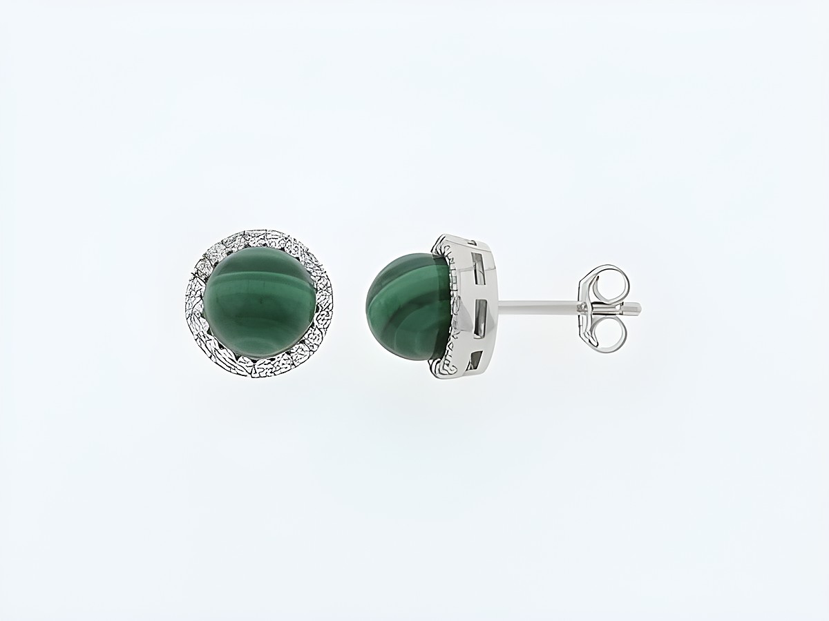 Runde silberne Ohrringe aus edlem Malachit und Zirkonia, Steckerdesign von Juwelier Harnisch, elegant und zeitlos, ideal für stilvolle Anlässe.