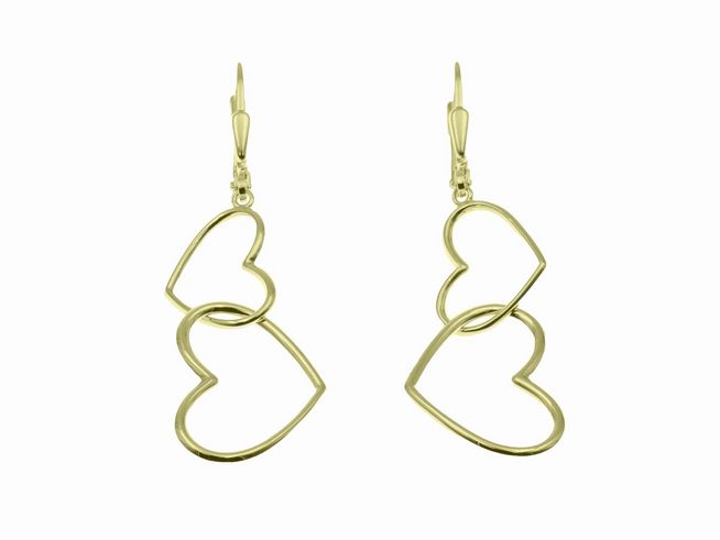 Ohrhänger in Form von doppelten Herzen aus Sterling Silber mit Gelbgold Vergoldung, hergestellt von Juwelier Harnisch, ohne Stein. Elegant und zeitlos im Design.