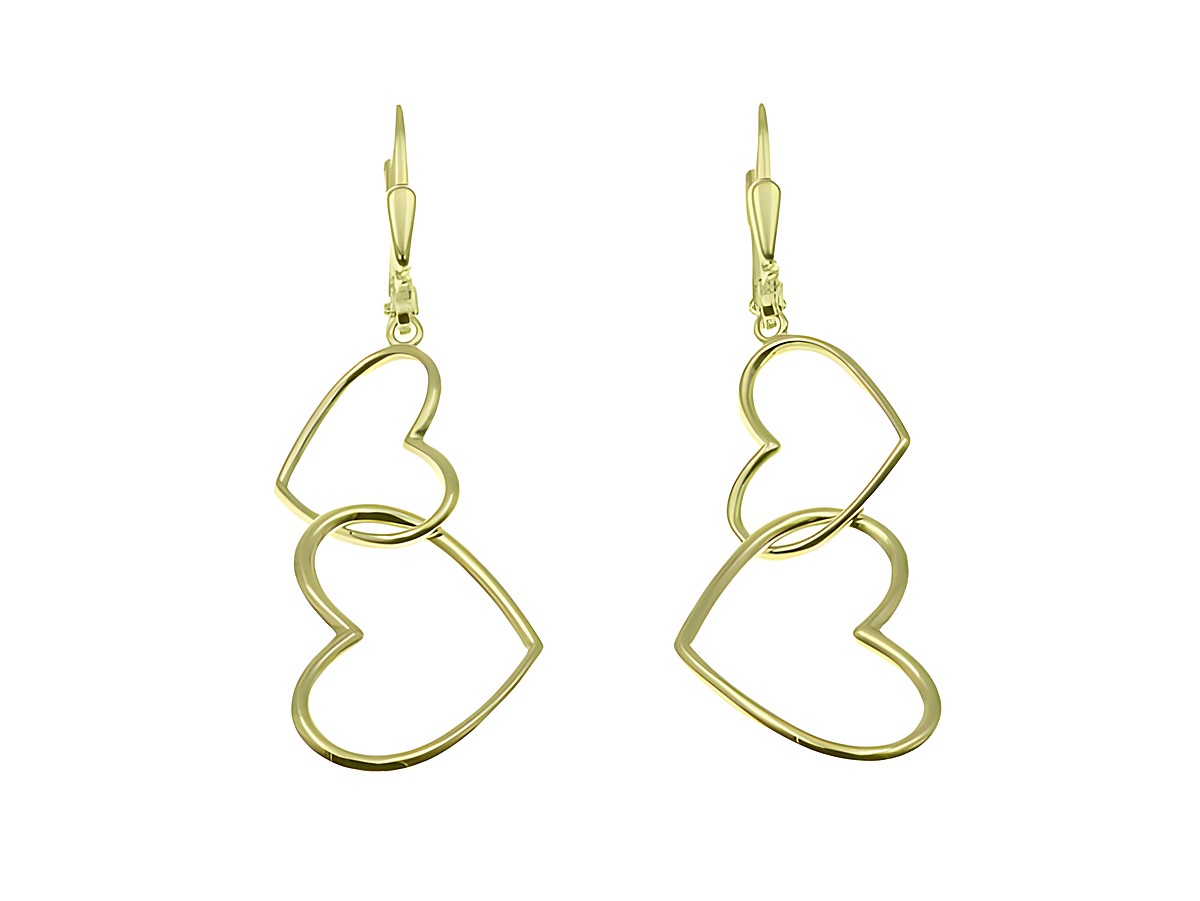 Ohrhänger in Form von doppelten Herzen aus Sterling Silber mit Gelbgold Vergoldung, hergestellt von Juwelier Harnisch, ohne Stein. Elegant und zeitlos im Design.