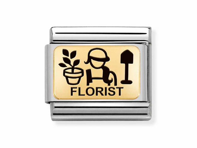 Edelstahl und Gold 585 Charm mit emaillierter Darstellung eines Floristen, der eine Pflanze hält, mit dem Wort Florist und einem kleinen Schaufel-Icon.