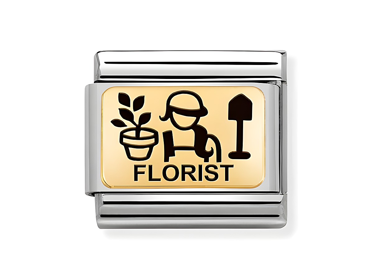 Edelstahl und Gold 585 Charm mit emaillierter Darstellung eines Floristen, der eine Pflanze hält, mit dem Wort Florist und einem kleinen Schaufel-Icon.