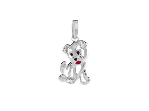 Hund Anhänger aus Silber rhodiniert mit Zirkonia in Weiß und rotem Lack, hergestellt von Juwelier Harnisch, ideal für Tierliebhaber.