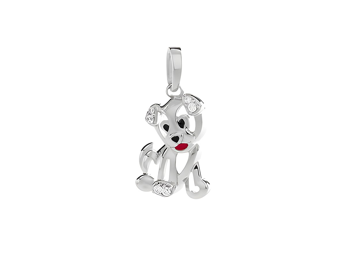 Hund Anhänger aus Silber rhodiniert mit Zirkonia in Weiß und rotem Lack, hergestellt von Juwelier Harnisch, ideal für Tierliebhaber.