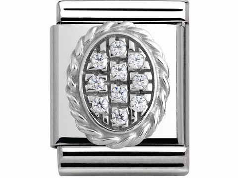 Silberne Nomination BIG Pave aus Edelstahl mit Zirkonia in weißem Oval, umrahmt von einer dekorativen Kordel, für eleganten Schmuck.