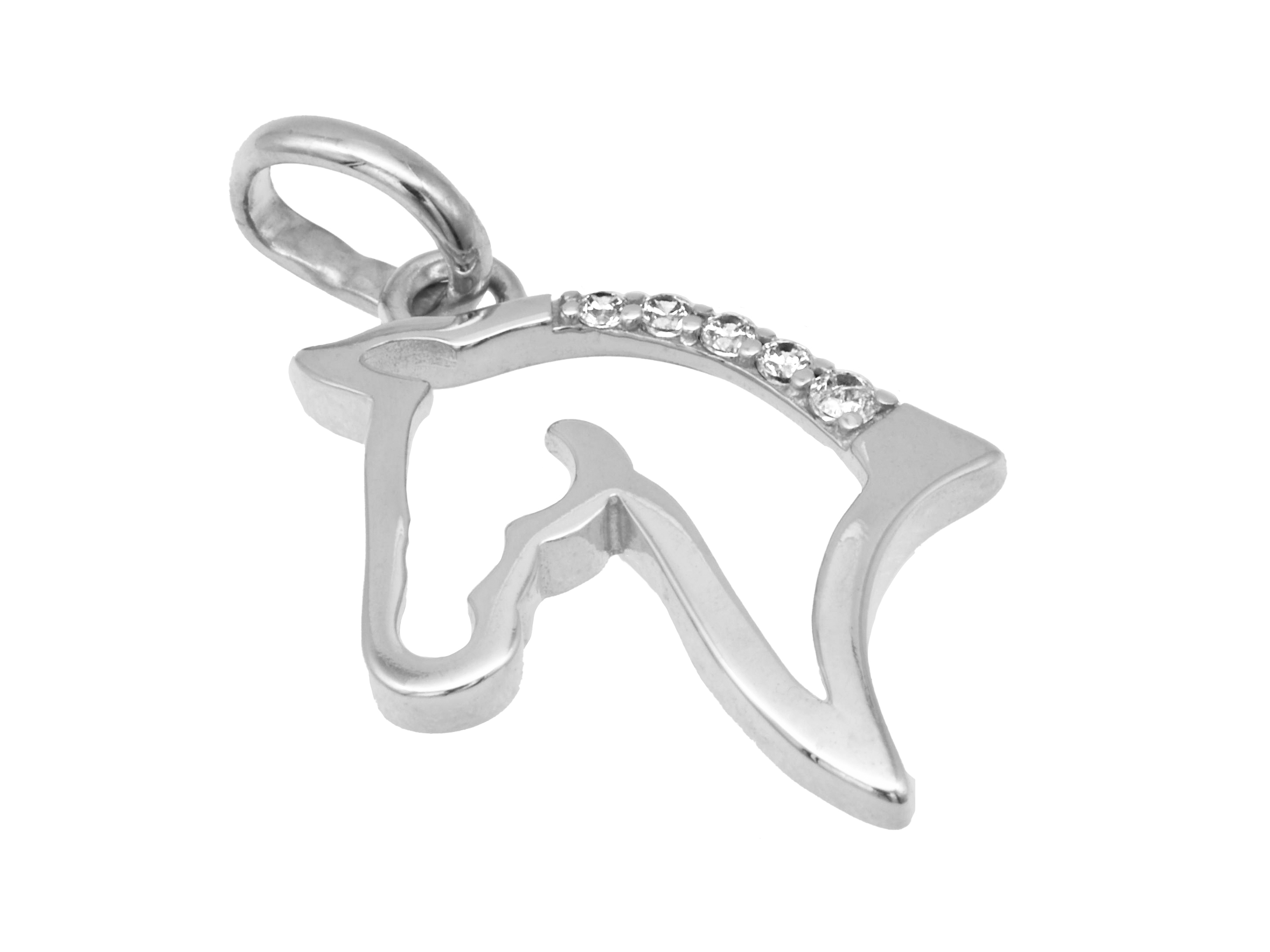 Silber Anhänger Pferde Kopf aus 925 Sterling Silber, rhodiniert und poliert, verziert mit Zirkonia, ideal für Tierliebhaber, Hersteller Juwelier Harnisch.