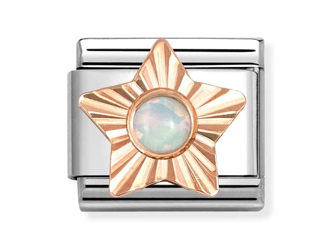 Ein klassisches Roségold Charm von Pandora in Form eines Sterns mit einem zentralen Opal. Der Stern hat strahlenförmige Details und einen glänzenden silbernen Hintergrund.