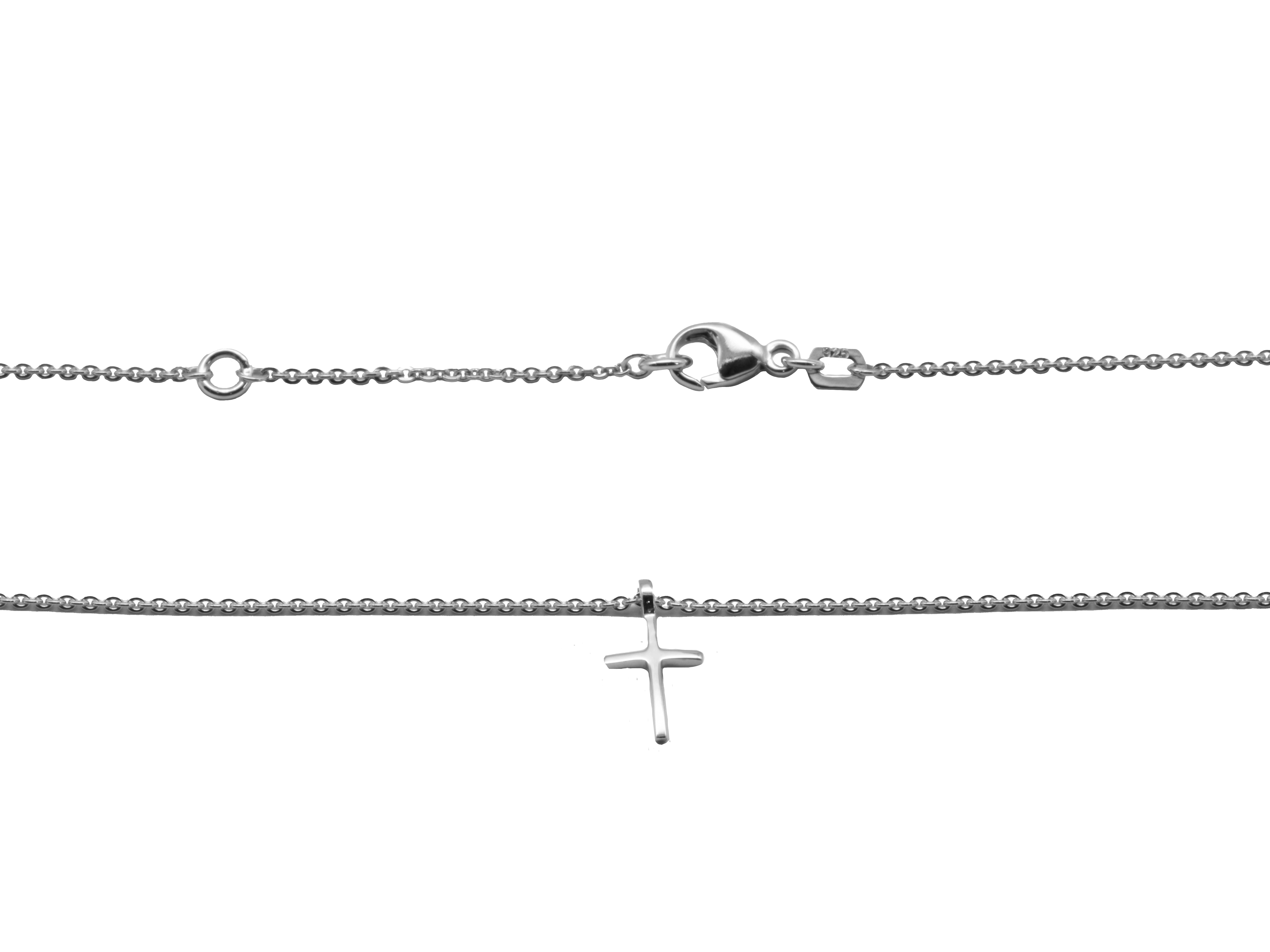 Kette Kreuz filigran aus Sterling Silber 925 rhodiniert und poliert, Länge 42+45 cm, designed von Juwelier Harnisch, mit Mittelteil aus Collier.