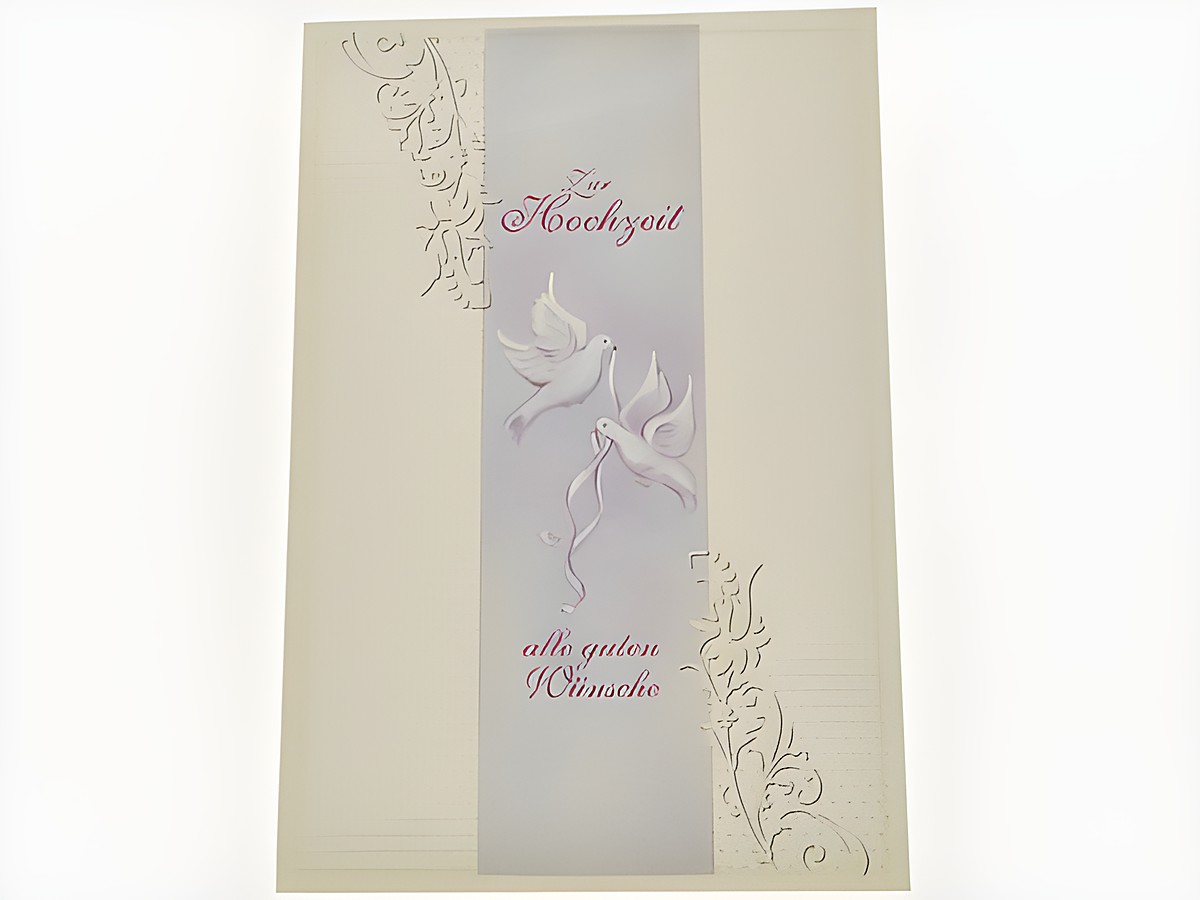 Hochzeitskarte mit Turteltäubchen, zarter Gestaltung in Creme und Pastellfarben, mit dem Text zur Hochzeit und besten Wünschen. Hersteller ist Juwelier Harnisch. Hochzeitskarten.