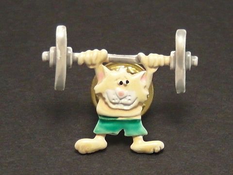 71537-0 Katze mit Hantel als Pin Anstecker Anstecknadel, Hersteller Juwelier Harnisch, die lustige Katze hebt eine Hantel und trägt grüne Shorts, ideal für Tierliebhaber.