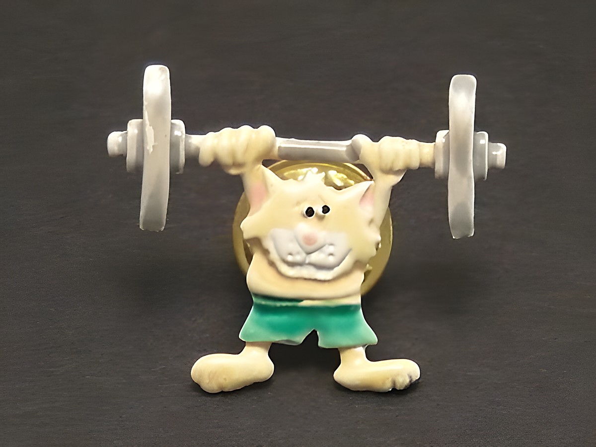 Katze mit Hantel als Pin Anstecker Anstecknadel, Hersteller Juwelier Harnisch, die lustige Katze hebt eine Hantel und trägt grüne Shorts, ideal für Tierliebhaber.
