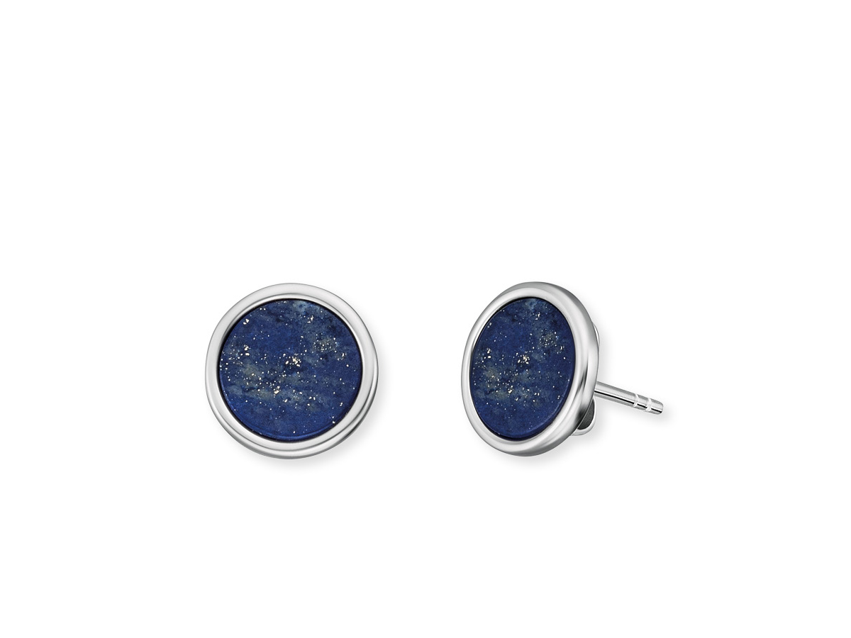Zwei runde Ohrstecker aus rhodiniertem Silber mit einer blauen Lapislazuli-Einlage, Durchmesser 10 mm, funkeln leicht und zeigen eine elegante Ausstrahlung.