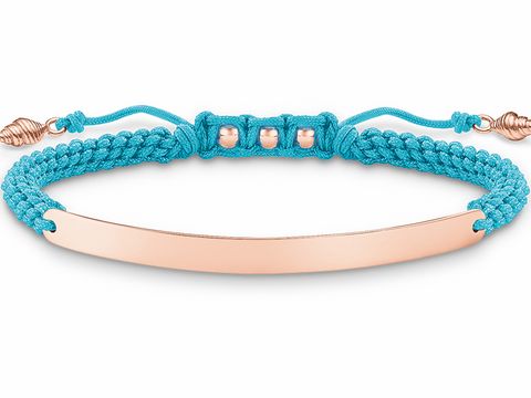 Makramee Armband in Blau mit rosevergoldetem, schlichten Anhänger aus Silber, einstellbar von 15 bis 21 cm, hergestellt von Thomas Sabo, Modell LBA0062-597-1-L21v.
